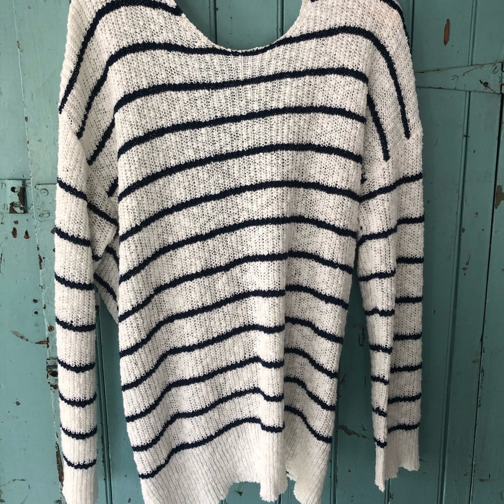 Hem & Thread boat neck white & navy sweater